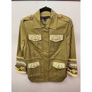 Boston Proper‎ Military Style Embroidered Olive Green Gold Coat Womens XS Button